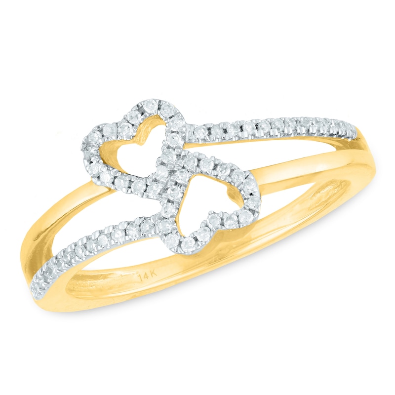 Main Image 1 of 1/6 CT. T.W. Diamond Double Heart Split Shank Ring in 14K Gold