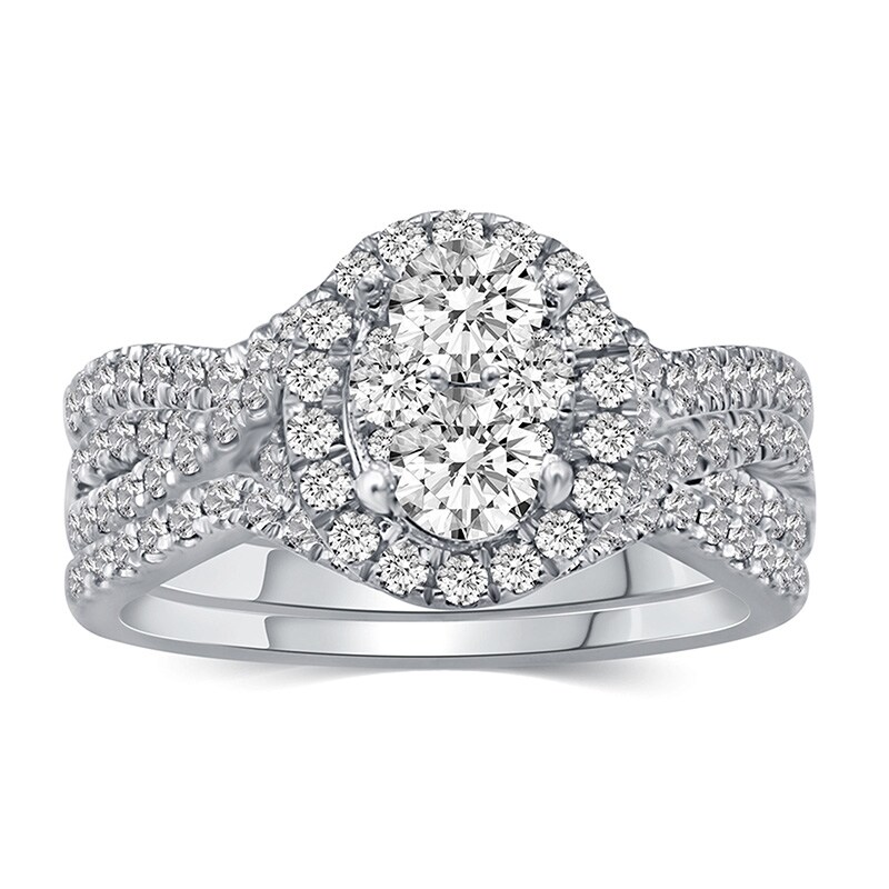 Main Image 1 of 1-1/5 CT. T.W. Oval Multi-Diamond Frame Three Piece Bridal Set in 14K White Gold