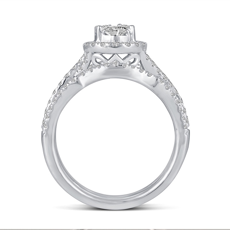 Main Image 3 of 1-1/5 CT. T.W. Oval Multi-Diamond Frame Three Piece Bridal Set in 14K White Gold