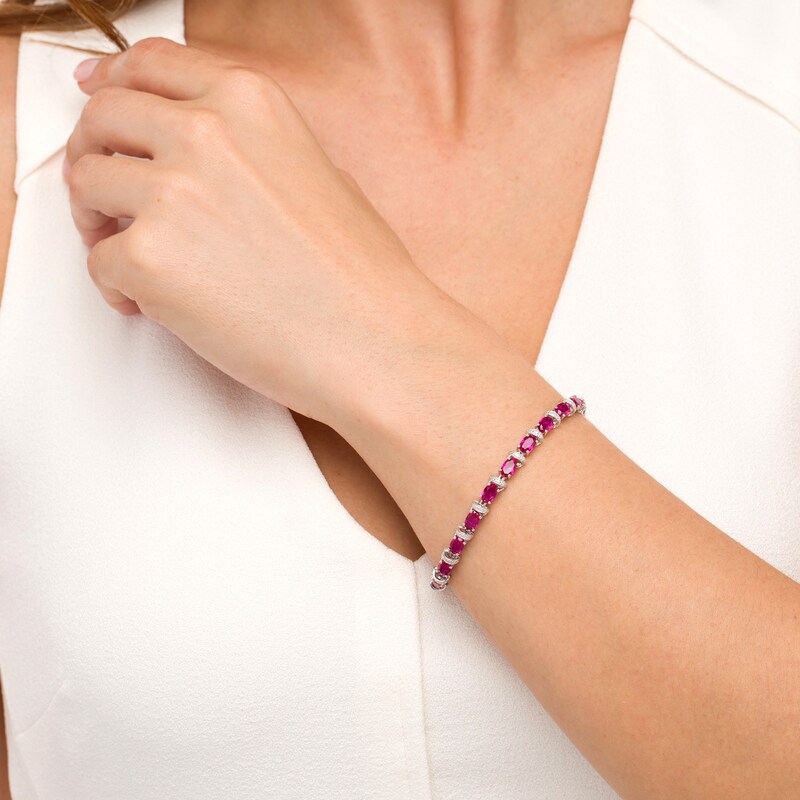 Main Image 2 of Oval Lab-Created Ruby and Diamond Accent Ribbon Alternating Line Bracelet in Sterling Silver - 7.25"