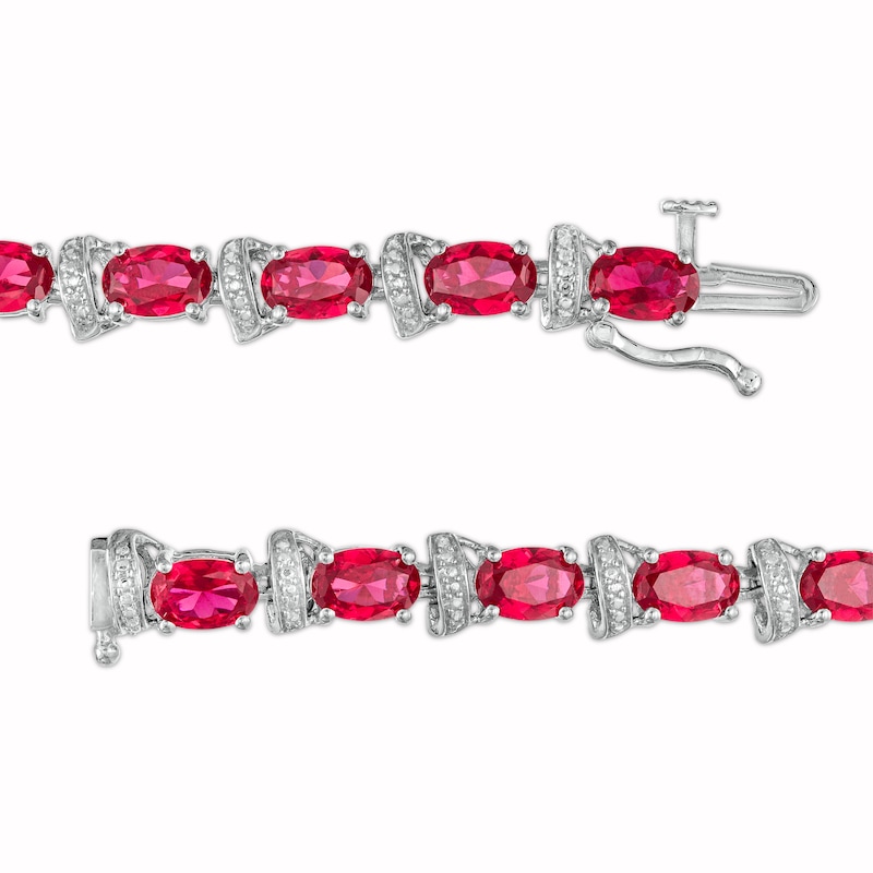 Oval Lab-Created Ruby and Diamond Accent Ribbon Alternating Line Bracelet in Sterling Silver - 7.25"