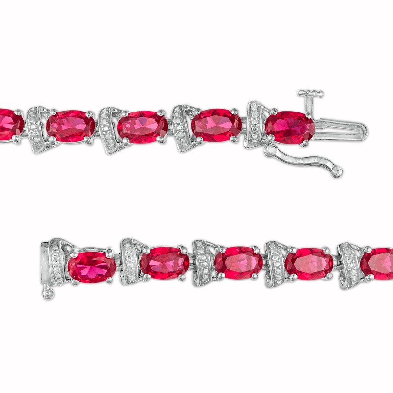 Main Image 3 of Oval Lab-Created Ruby and Diamond Accent Ribbon Alternating Line Bracelet in Sterling Silver - 7.25"