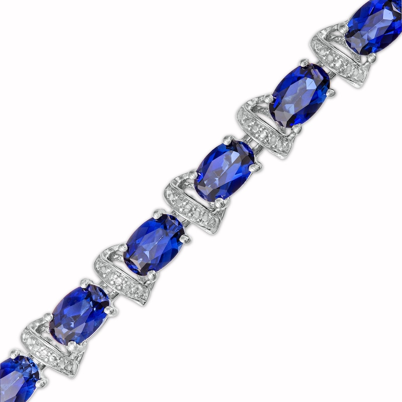 Oval Blue Lab-Created Sapphire and Diamond Accent Ribbon Alternating Line Bracelet in Sterling Silver - 7.25"