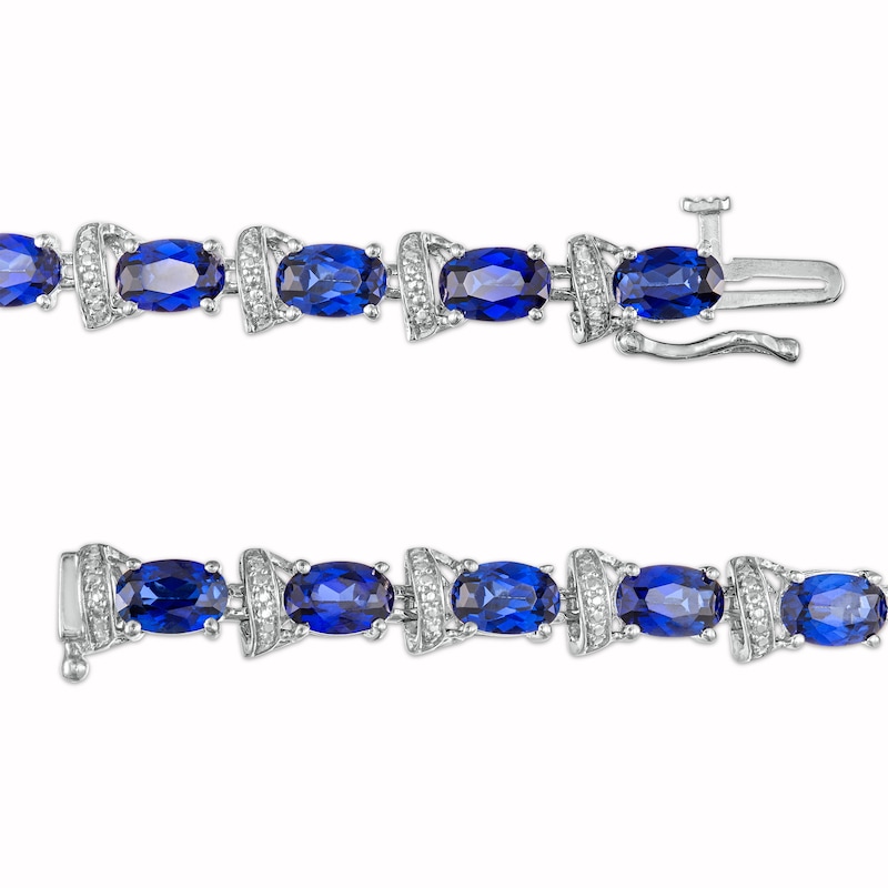Oval Blue Lab-Created Sapphire and Diamond Accent Ribbon Alternating Line Bracelet in Sterling Silver - 7.25"
