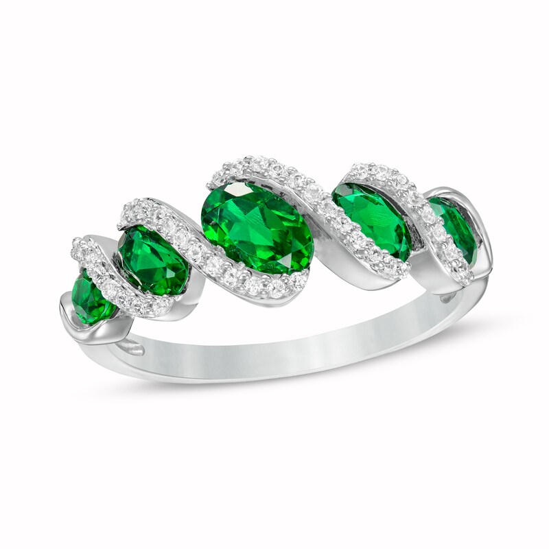 Oval Lab-Created Emerald and White Lab-Created Sapphire Graduated Rolling Wave Ring in Sterling Silver