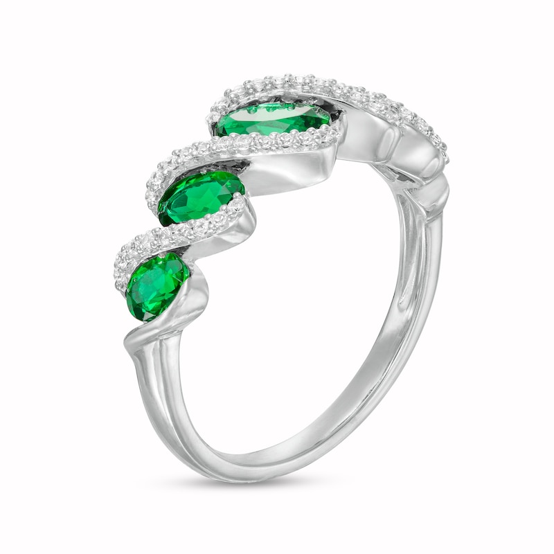 Oval Lab-Created Emerald and White Lab-Created Sapphire Graduated Rolling Wave Ring in Sterling Silver