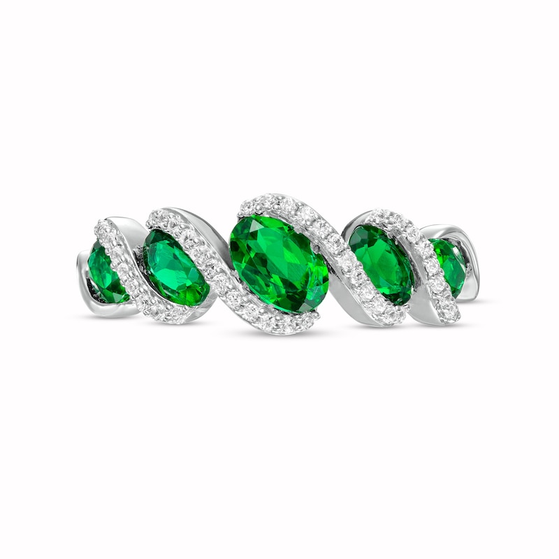 Oval Lab-Created Emerald and White Lab-Created Sapphire Graduated Rolling Wave Ring in Sterling Silver