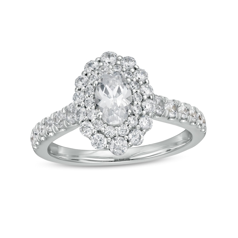 Main Image 1 of Love's Destiny by Zales 1-1/2 CT. T.W. Certified Oval Diamond Scallop Frame Engagement Ring in 14K White Gold (I/SI2)