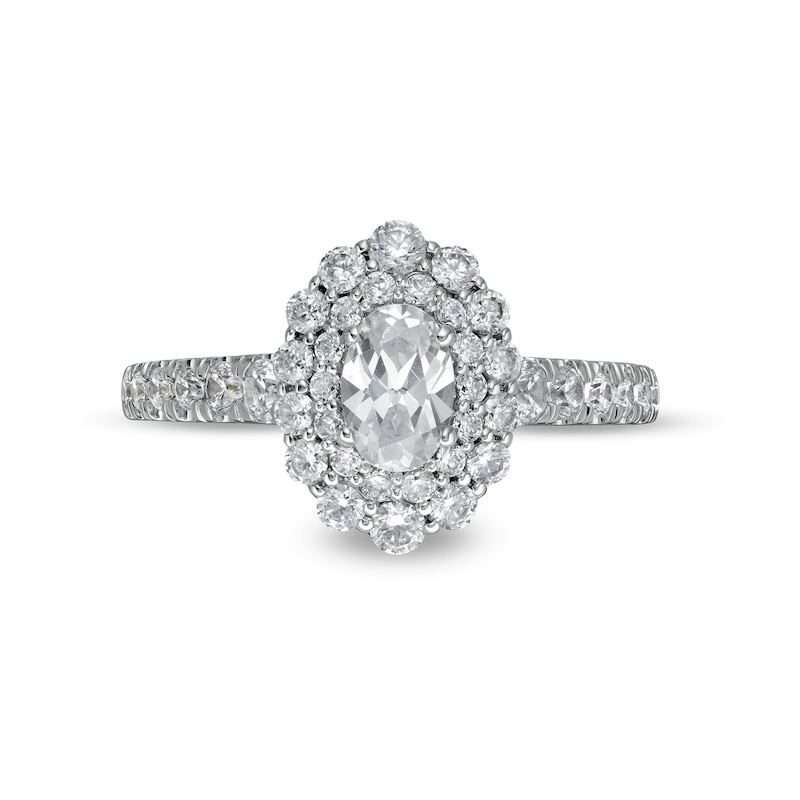 Main Image 4 of Love's Destiny by Zales 1-1/2 CT. T.W. Certified Oval Diamond Scallop Frame Engagement Ring in 14K White Gold (I/SI2)