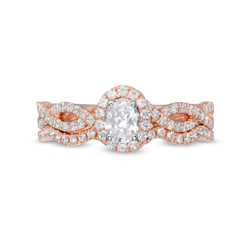 Main Image 4 of 1 CT. T.W. Oval Diamond Frame Split Shank Bridal Set in 14K Rose Gold (I/I2)