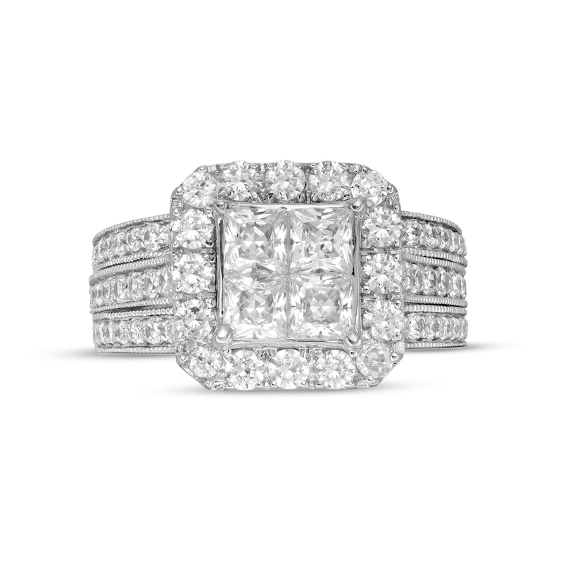 Main Image 4 of 2-1/2 CT. T.W. Princess-Cut Quad Diamond Frame Vintage-Style Bridal Set in 14K White Gold