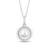 Thumbnail Image 1 of Freshwater Cultured Pearl, Princess-Cut Blue Sapphire and 1/8 CT. T.W. Diamond Frame Sunburst Pendant in 14K White Gold