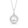 Thumbnail Image 0 of Cultured Freshwater Pearl, Princess-Cut Blue Sapphire and 1/8 CT. T.W. Diamond Frame Sunburst Pendant in 14K White Gold