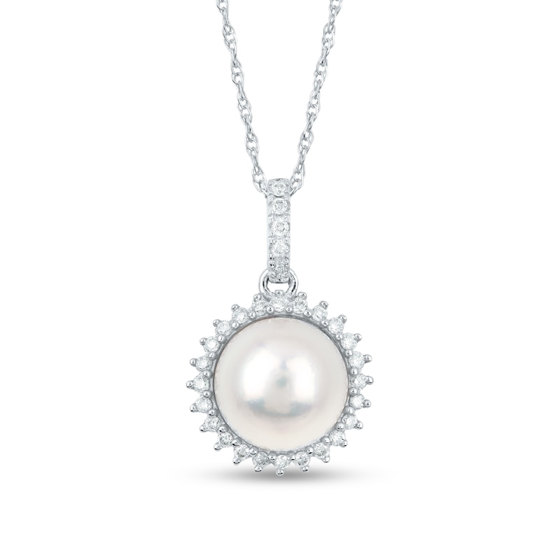 Main Image 1 of Freshwater Cultured Pearl, Princess-Cut Blue Sapphire and 1/8 CT. T.W. Diamond Frame Sunburst Pendant in 14K White Gold