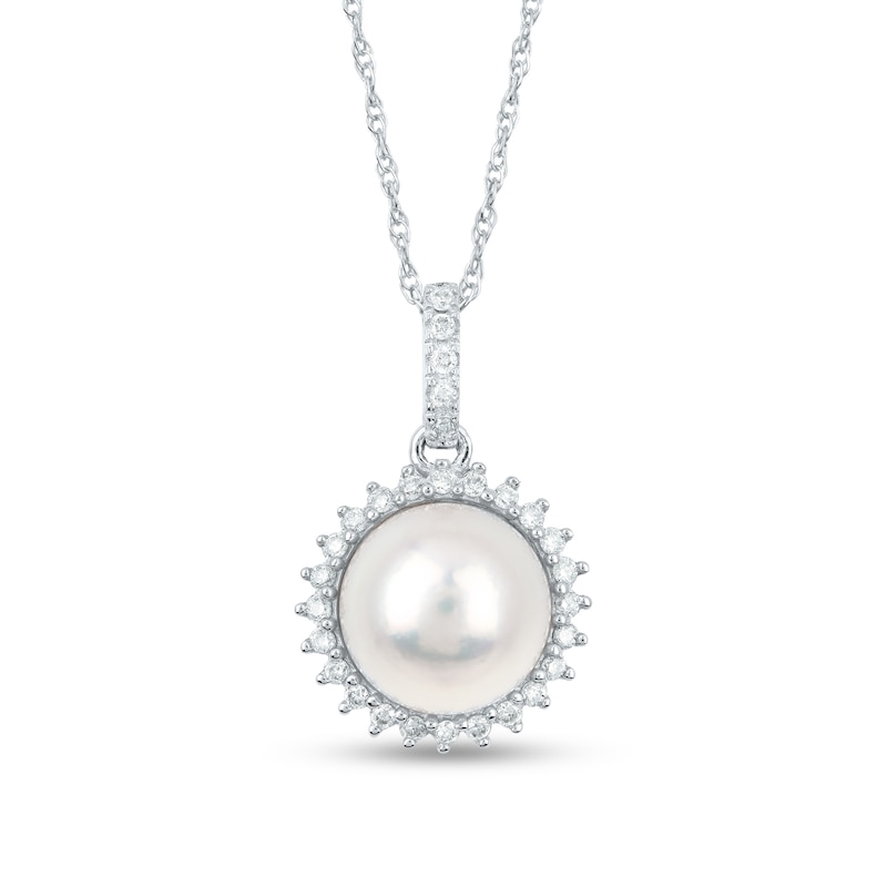 Cultured Freshwater Pearl, Princess-Cut Blue Sapphire and 1/8 CT. T.W. Diamond Frame Sunburst Pendant in 14K White Gold