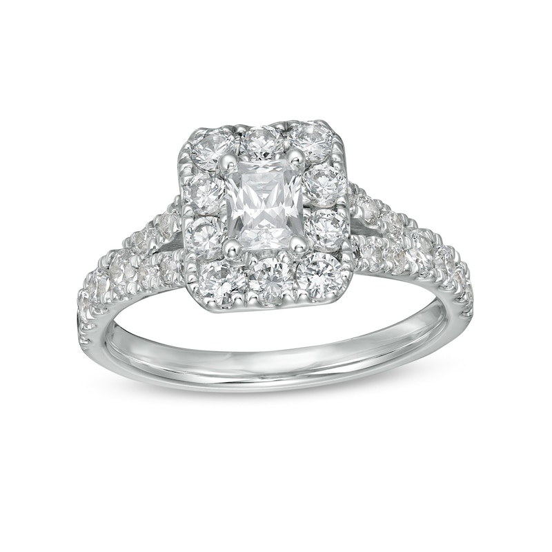 Main Image 1 of 1-1/2 CT. T.W. Radiant-Cut Diamond Frame Split Shank Engagement Ring in 14K White Gold (I/SI2)