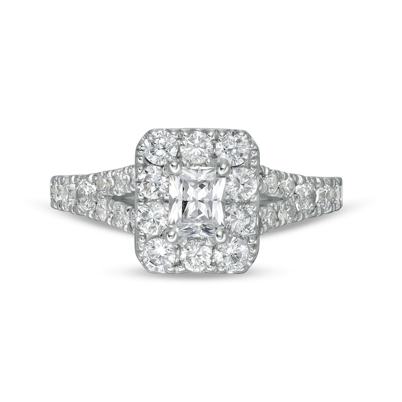 Main Image 4 of 1-1/2 CT. T.W. Radiant-Cut Diamond Frame Split Shank Engagement Ring in 14K White Gold (I/SI2)