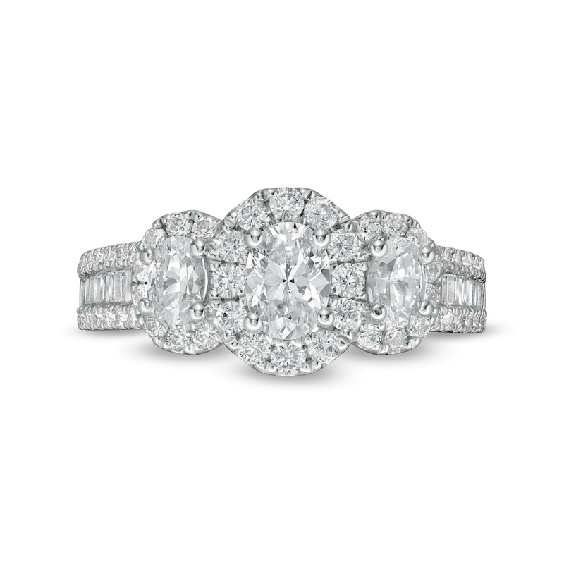 Main Image 4 of 1-1/2 CT. T.W. Oval Diamond Frame Past Present Future® Engagement Ring in 14K White Gold