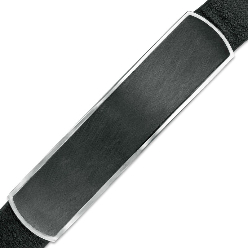 Main Image 1 of 13.0mm Black Faux Leather Bracelet with Multi-Finish Stainless Steel and Black IP Inlay ID Plate and Clasp - 8.5"