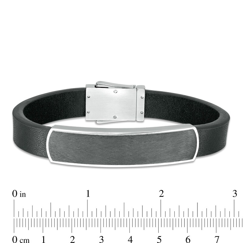 Main Image 4 of 13.0mm Black Faux Leather Bracelet with Multi-Finish Stainless Steel and Black IP Inlay ID Plate and Clasp - 8.5"