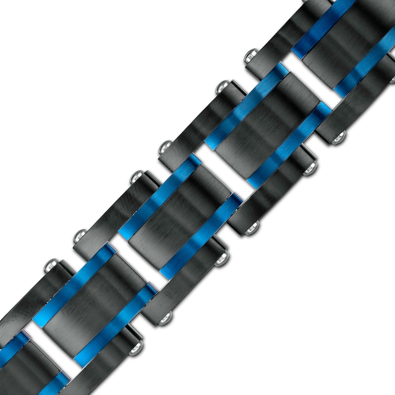 Men's 15.5mm Multi-Finish Double Groove Rectangle Link Bracelet in Stainless Steel with Black and Blue IP - 8.5"