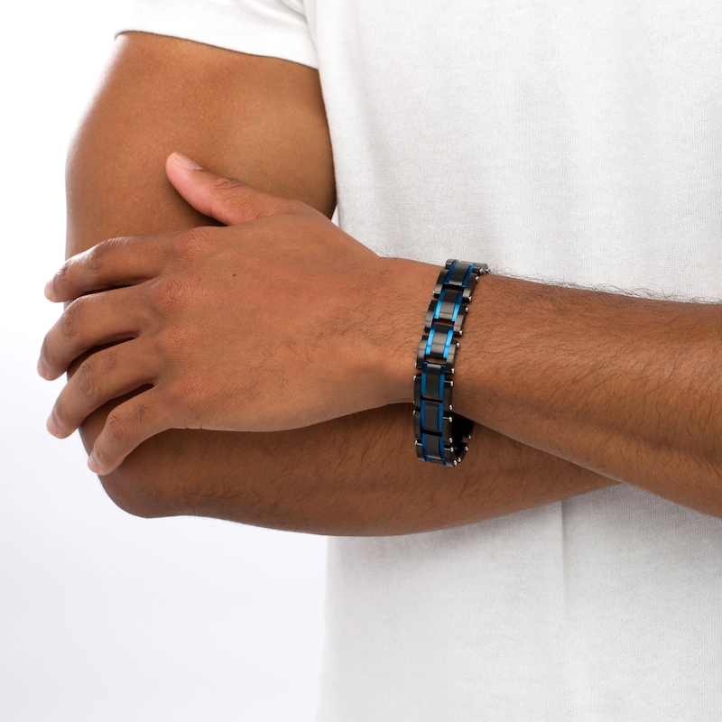 Main Image 2 of Men's 15.5mm Multi-Finish Double Groove Rectangle Link Bracelet in Stainless Steel with Black and Blue IP - 8.5"