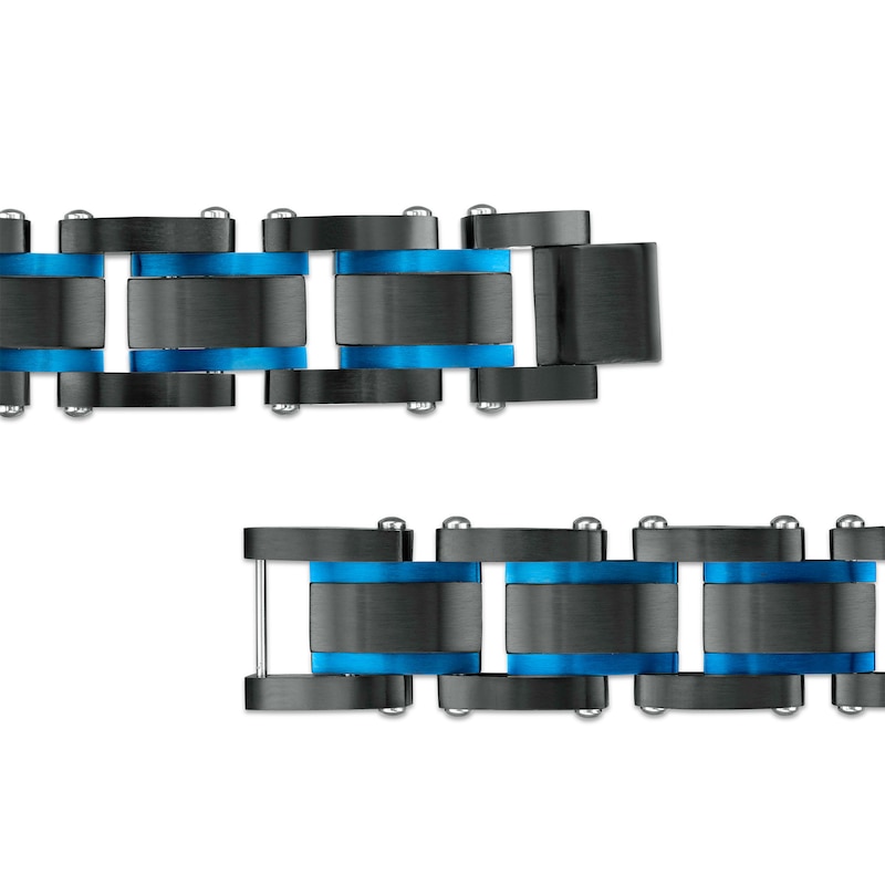 Main Image 3 of Men's 15.5mm Multi-Finish Double Groove Rectangle Link Bracelet in Stainless Steel with Black and Blue IP - 8.5"
