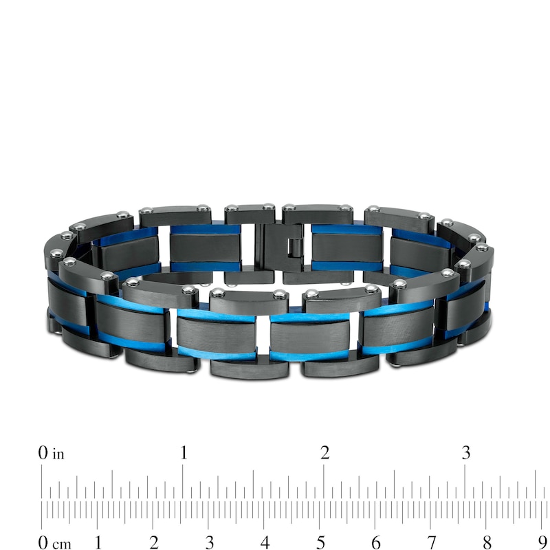 Main Image 4 of Men's 15.5mm Multi-Finish Double Groove Rectangle Link Bracelet in Stainless Steel with Black and Blue IP - 8.5"