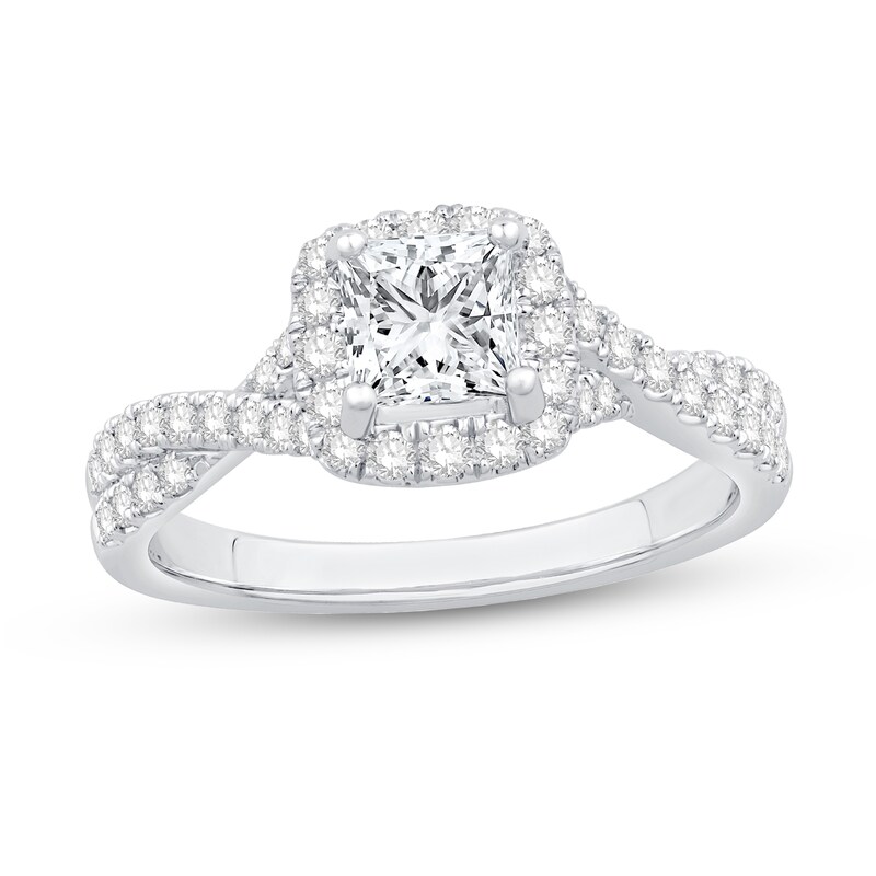 Main Image 1 of Princess-Cut Certified Center Diamond 1-1/2 CT. T.W. Frame Twist Shank Engagement Ring in 14K White Gold (I/I1)