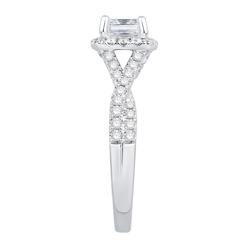 Main Image 2 of Princess-Cut Certified Center Diamond 1-1/2 CT. T.W. Frame Twist Shank Engagement Ring in 14K White Gold (I/I1)
