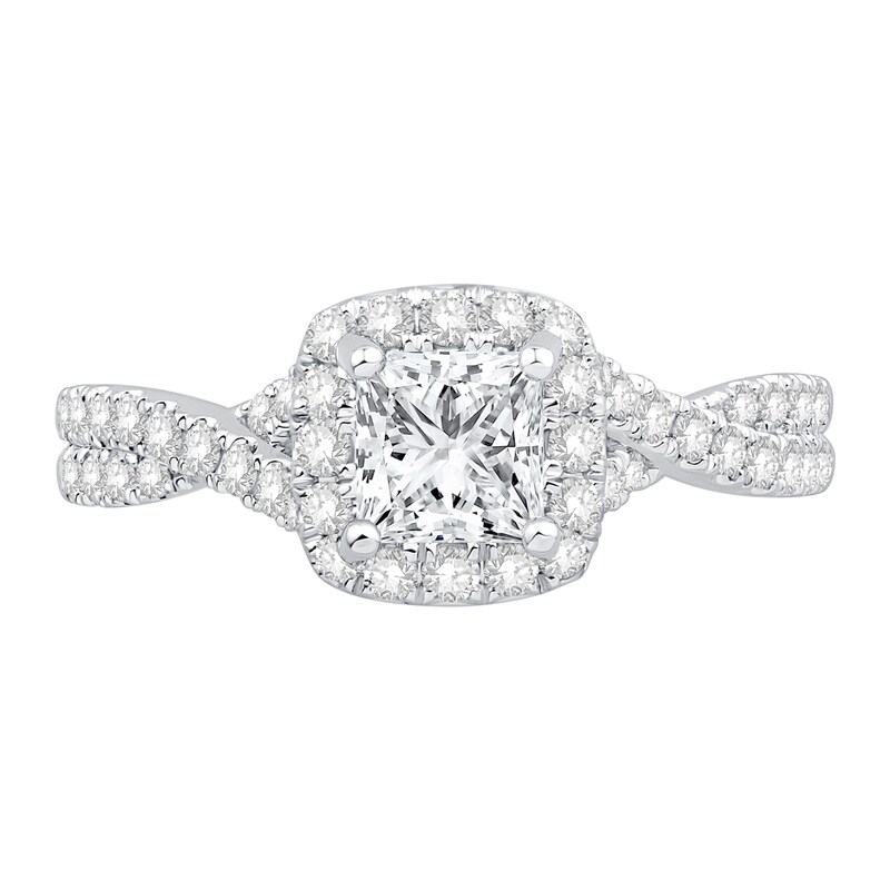 Main Image 4 of Princess-Cut Certified Center Diamond 1-1/2 CT. T.W. Frame Twist Shank Engagement Ring in 14K White Gold (I/I1)