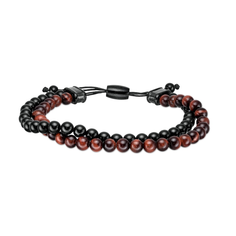 Men's Red Tiger's Eye and Black Onyx Bead Double Strand Bolo Bracelet with Stainless Steel and Black IP Clasp - 10.5"