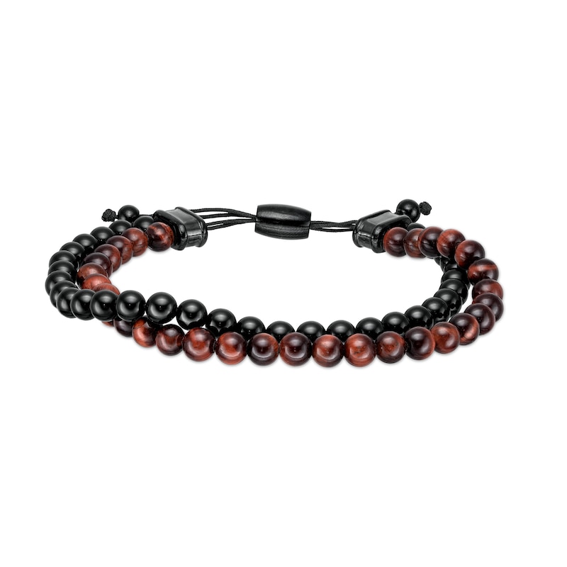 Main Image 1 of Men's Red Tiger's Eye and Black Onyx Bead Double Strand Bolo Bracelet with Stainless Steel and Black IP Clasp - 10.5"