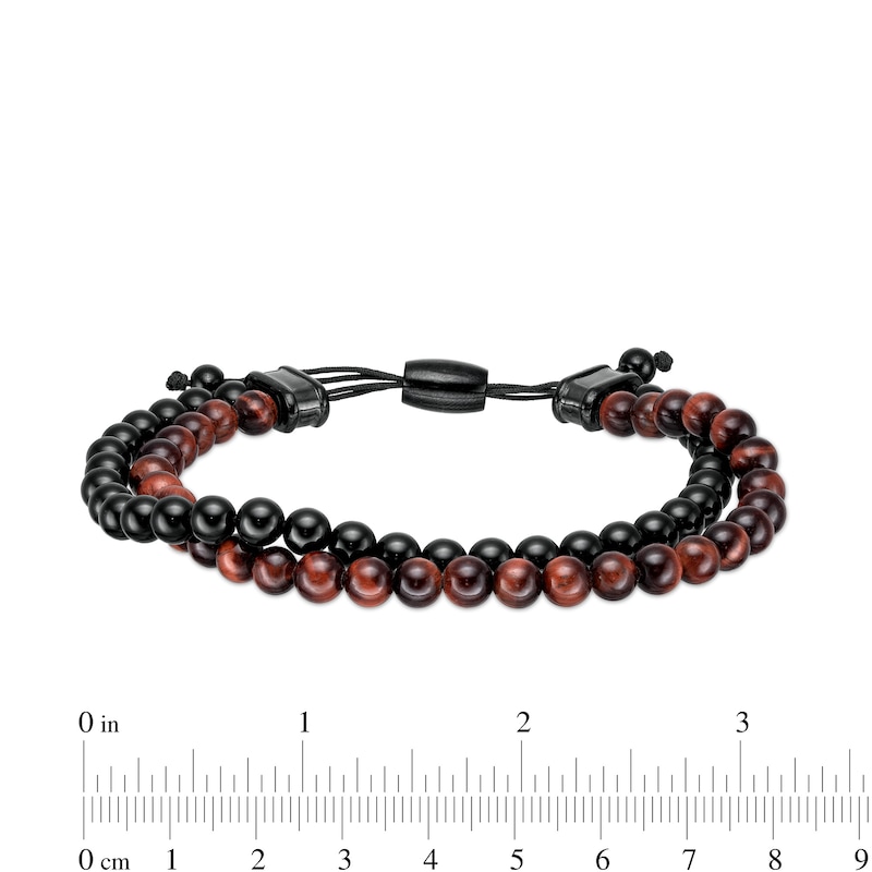 Men's Red Tiger's Eye and Black Onyx Bead Double Strand Bolo Bracelet with Stainless Steel and Black IP Clasp - 10.5"