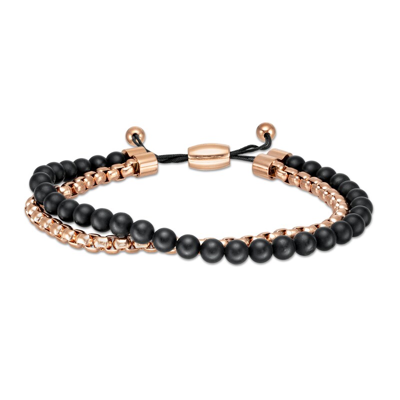 Main Image 1 of Men's Black Onyx Bead and Round Box Chain Double Strand Bolo Bracelet in Stainless Steel with Rose IP - 10.5"