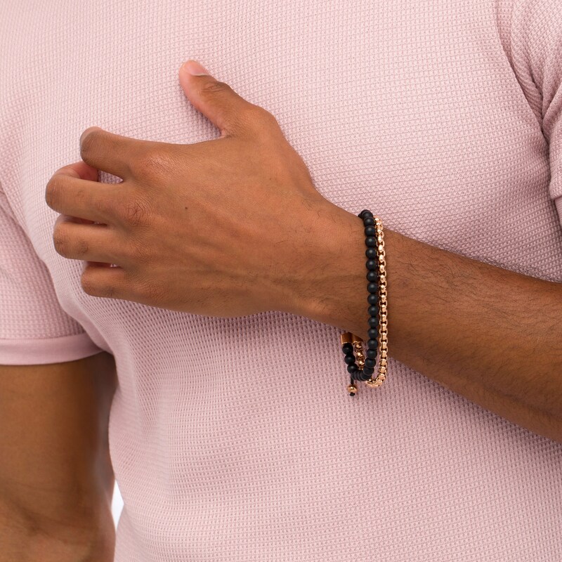 Main Image 2 of Men's Black Onyx Bead and Round Box Chain Double Strand Bolo Bracelet in Stainless Steel with Rose IP - 10.5"