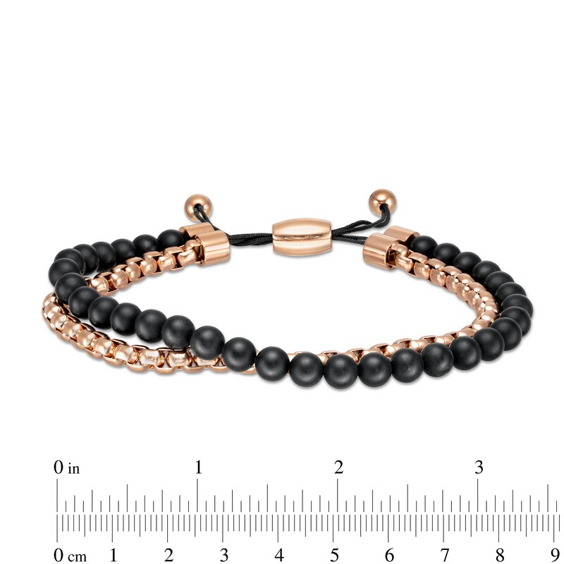 Main Image 3 of Men's Black Onyx Bead and Round Box Chain Double Strand Bolo Bracelet in Stainless Steel with Rose IP - 10.5"