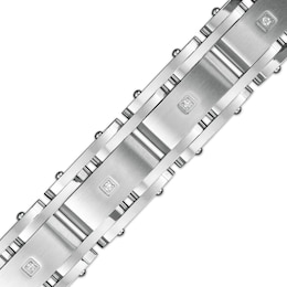 Men's 1/10 CT. T.W. Diamond Multi-Finish Double Groove Solid Rectangle Link Bracelet in Stainless Steel - 8.5&quot;