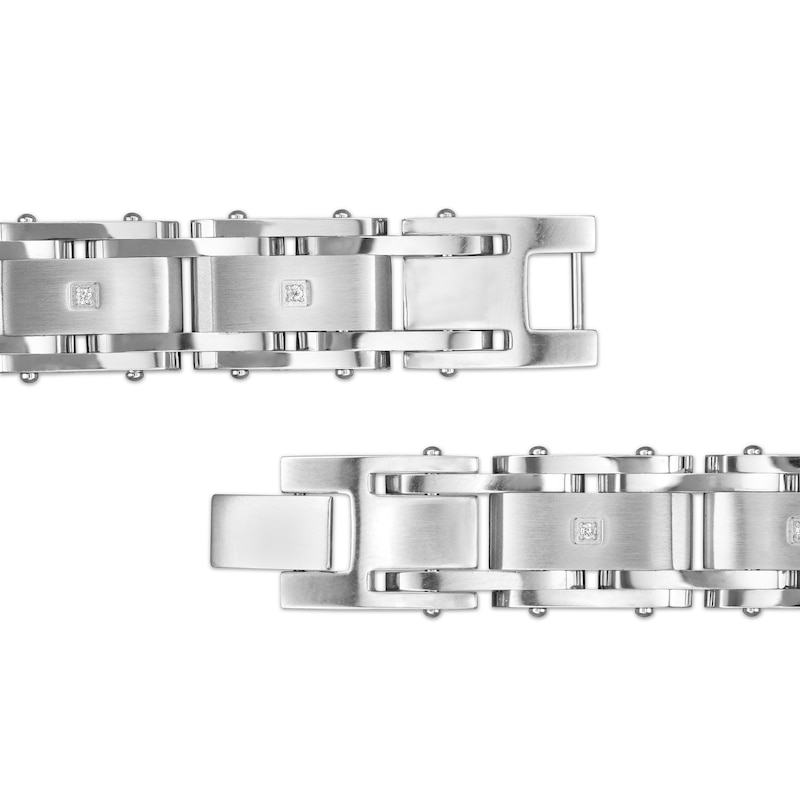 Main Image 3 of Men's 1/10 CT. T.W. Diamond Multi-Finish Double Groove Rectangle Link Bracelet in Stainless Steel - 8.5"