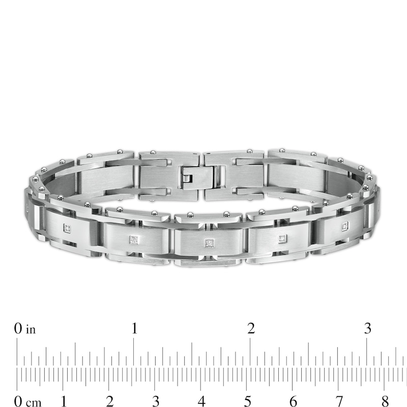 Main Image 4 of Men's 1/10 CT. T.W. Diamond Multi-Finish Double Groove Rectangle Link Bracelet in Stainless Steel - 8.5"
