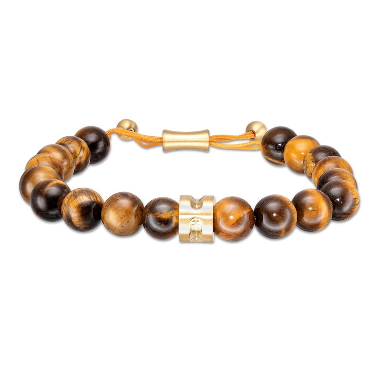 Main Image 1 of Men's 10.0mm Tiger's Eye and Grooved Barrel Bead Bolo Bracelet in Stainless Steel with Yellow IP - 10.5"