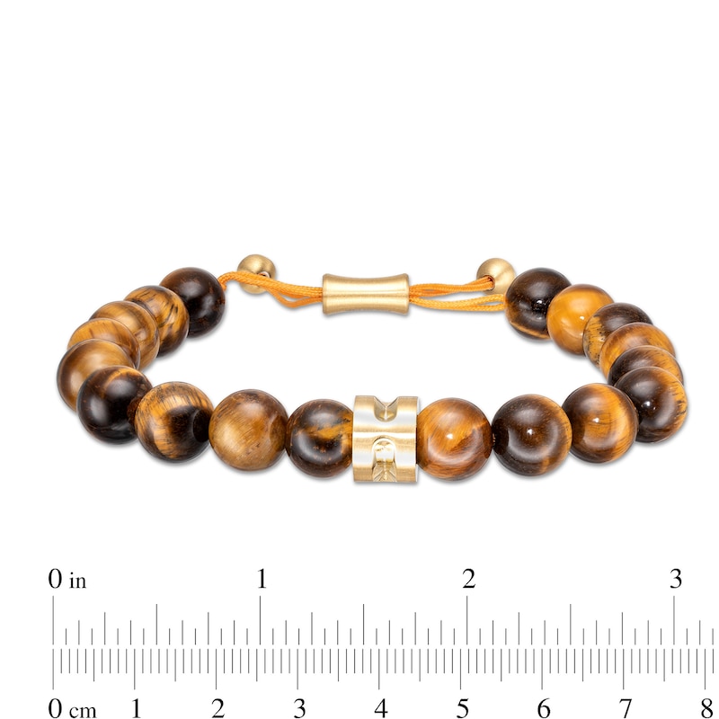 Men's 10.0mm Tiger's Eye and Grooved Barrel Bead Bolo Bracelet in Stainless Steel with Yellow IP - 10.5"