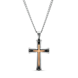 Men's Diamond Accent Multi-Finish Layered Gothic-Style Cross Pendant in Stainless Steel with Black and Rose IP - 24&quot;