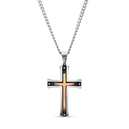 Men's Diamond Accent Multi-Finish Layered Gothic-Style Cross Pendant in Stainless Steel with Black and Rose IP - 24"