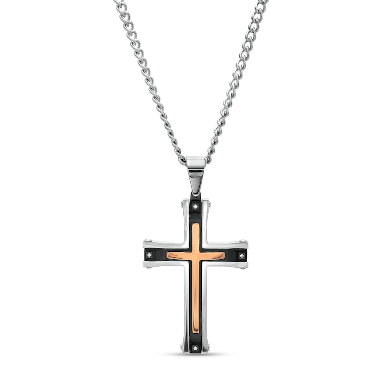 Men's Diamond Accent Multi-Finish Layered Gothic-Style Cross Pendant in Stainless Steel with Black and Rose IP - 24"