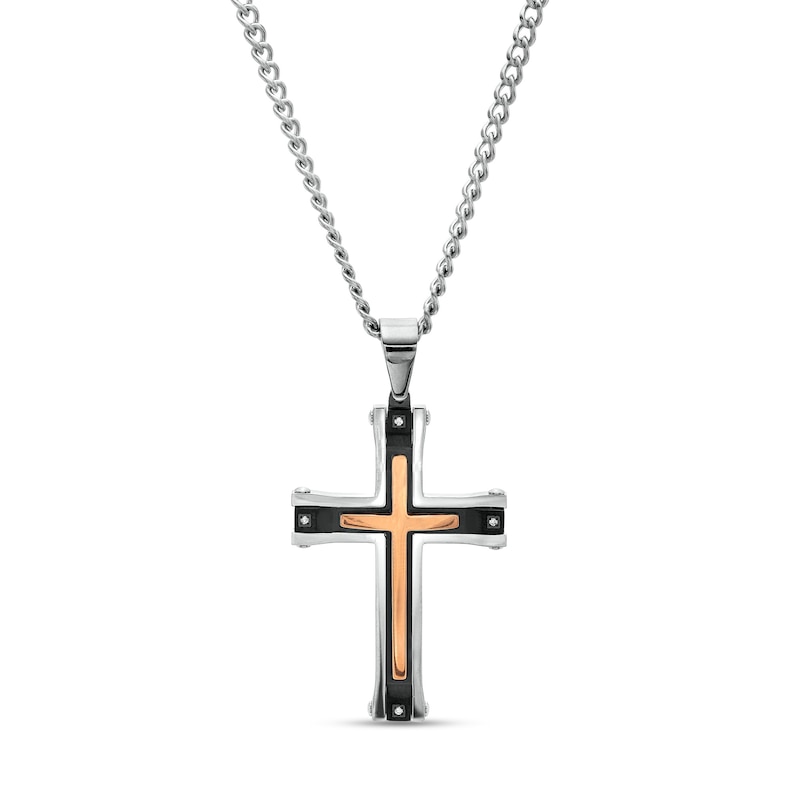 Main Image 1 of Men's Diamond Accent Multi-Finish Layered Gothic-Style Cross Pendant in Stainless Steel with Black and Rose IP - 24"