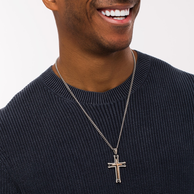 Men's Diamond Accent Multi-Finish Layered Gothic-Style Cross Pendant in Stainless Steel with Black and Rose IP - 24"