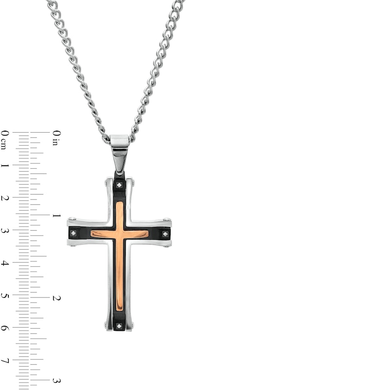 Men's Diamond Accent Multi-Finish Layered Gothic-Style Cross Pendant in Stainless Steel with Black and Rose IP - 24"
