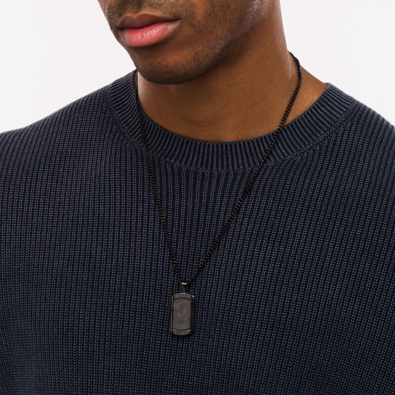 Men's 1/10 CT. T.W. Black Diamond Dog Tag Pendant in Stainless Steel and Carbon Fiber with Black IP - 24"