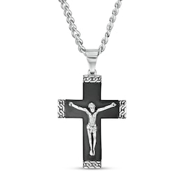 Men's Multi-Finish Chain Link-Ends Crucifix Pendant in Stainless Steel and Black IP - 24&quot;